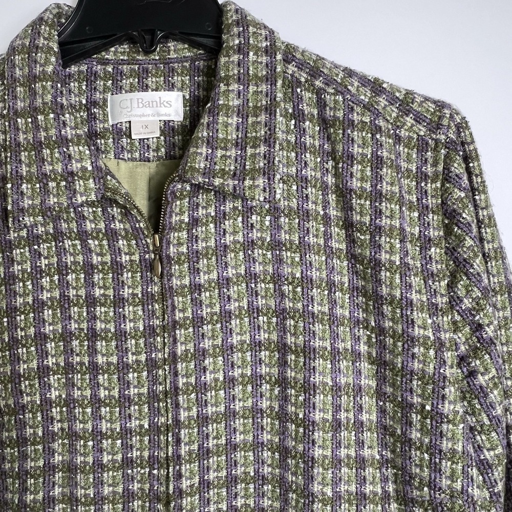 Vtg CJ Banks Green Purple Tweed Zip Front Jacket Lined Textured Blazer 1X Y2K